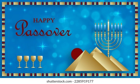 Happy Passover card, the Pessah holiday with nice and creative Jewish symbols and gold paper cut style on color background for pesach Jewish holiday (translation : between the two evenings)