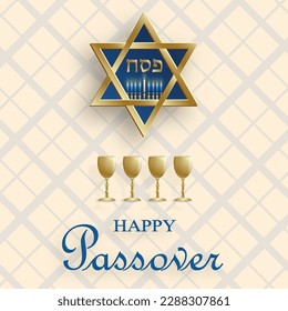 Happy Passover card, the Pessah holiday with nice and creative Jewish symbols and gold paper cut style on color background for pesach Jewish holiday (translation : happy Passover)