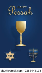 Happy Passover card, the Pessah holiday with nice and creative Jewish symbols and gold paper cut style on color background for pesach Jewish holiday (translation : between the two evenings)