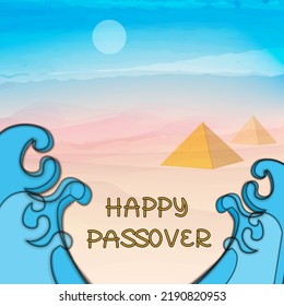 Happy passover card with watercolor egypt landscape,pyramids and papercut waves. Vector illustration, israel holiday, tradition, culture. 