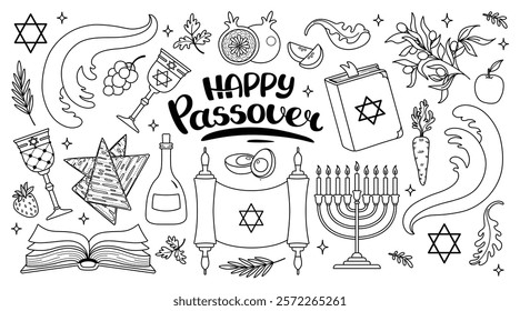 Happy Passover celebration doodle set. Jewish holiday Pesach background. Menorah, meal, matzah, wine, torus, Star of David, Elijah's Cup. Waves of the red sea. Vector outline illustration.