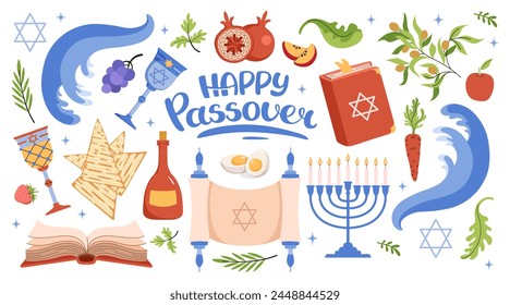 Happy Passover celebration icon set. Jewish holiday Pesach background. Menorah, meal, matzah, wine, torus, Star of David, Elijahs Cup. Waves of the red sea. Vector flat illustration.