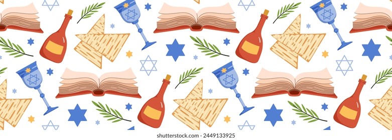 Happy Passover celebration seamless pattern. Jewish holiday Pesach background. Traditional icon matzah, wine, torus, Star of David, Elijahs Cup. For wallpaper, invitation. Vector flat illustration.