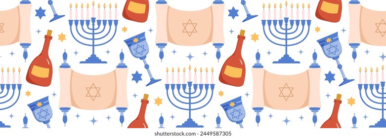 Happy Passover celebration seamless pattern. Jewish holiday Pesach background. Traditional icon menorah, wine, scroll, Star of David, Elijah's Cup. For wallpaper, invitation. Vector flat illustration.