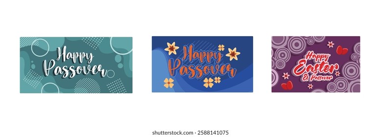 Happy Passover for Christians. Handwritten happy Passover with flowers. Passover decoration of eggs and flowers. Passover Day concept. Set flat vector illustration.