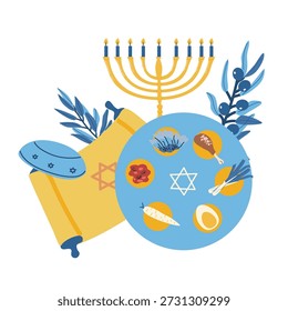 Composição de passover feliz com placa de seder e outros símbolos de feriado judaico. Ilustração vetorial em estilo de desenho animado plano.