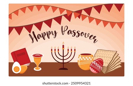 Happy Passover. Passover decorations of wine, eggs, matzah, candles, and holy books. Passover Day concept. Flat vector illustration.