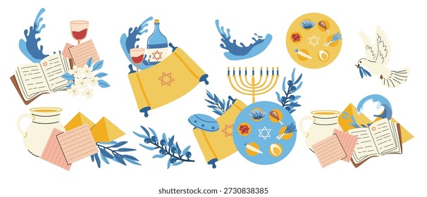 Felices Elementos de la Pascua, Clipart. Ilustración vectorial en estilo plano de dibujos animados. Festividad judía del Éxodo Egipto, composiciones para tarjetas, Anuncios, fondos de la Pascua. Placa de siembra y otros iconos.