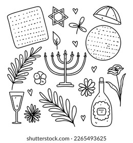 Happy Passover elements with Wine and Matzah in hand drawn doodle style. Jewish Holiday vector items set isolated on white background. svg
