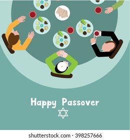 Happy Passover family eating traditional dinner. EPS 10 vector.