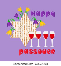 Happy Passover. Fancy hand drawn letters greeting. Matzoh for spring Pesach holiday celebration. Seder wine, David star traditional symbol Jewish kosher dinner decoration. Vector invitation background