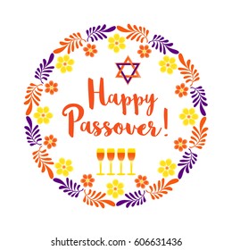 Happy Passover. Fancy letters text. Floral frame border for spring Pesach holiday celebration. Seder wine, David star traditional symbol Jewish kosher dinner decoration. Vector invitation background