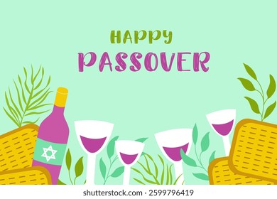 Happy Passover. Festive food ,wine, matzah for Pesach. Vector illustration 