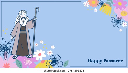 Happy Passover floral background, banner and poster design with hand drawn moses. Geometrical modern minimalist concept illustration