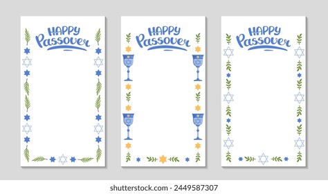 Happy Passover Blumenrahmen. Für Social Media lange Grußgeschichten. Hintergrund mit Schriftzügen für Einladung, visuelles Design. Jüdische vertikale Text-Vorlagen für Fotos. Vektorgrafik flache Abbildung.