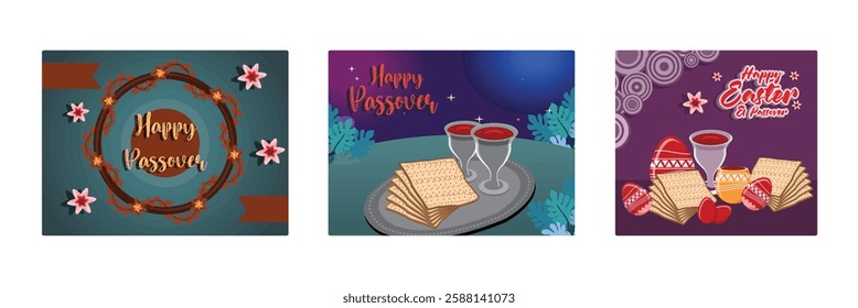 Happy Passover with flowers. Celebrate Passover with family. Eggs, matzah and wine are symbols of Passover. Passover Day concept. Set flat vector illustration.