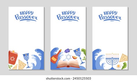 Happy Passover frame with traditional elements. Social media long greeting stories Background. lettering for invitation. Jewish vertical templates with menorah, matzah, torus. Vector flat illustration