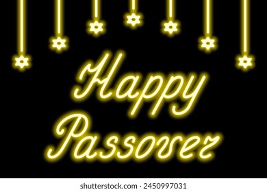 Happy Passover. Gold neon lettering. Garland of shining stars of David. Color vector illustration. Black background. Congratulations on Jewish Passover. Glowing holiday text. Idea for web design.