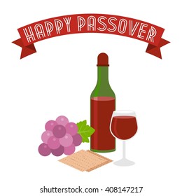 Happy passover with grapes, wine, matzo, flat design
