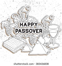 Happy Passover. Greeting card, coloring page. Hand drawn elements on white background. Isolated on white. Vector illustration.