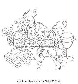 Happy Passover. Greeting card, coloring page. Hand drawn elements on white background. Isolated on white. Vector illustration.