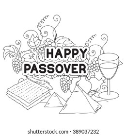Happy Passover. Greeting card, coloring page. Hand drawn elements on white background. Isolated on white. Vector illustration.