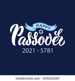 Happy Passover greeting card design with handwritten text, David star and ribbon. Modern brush ink calligraphy, hand lettering. Vector illustration for the Jewish holiday. Pesah celebration concept 