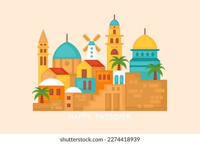 Happy Passover greeting card design with Jerusalem city skyline. Vector illustration