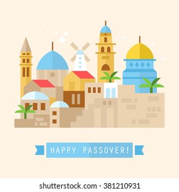 Happy Passover greeting card design with Jerusalem city skyline. Vector illustration