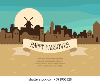 Happy Passover greeting card  design with Jerusalem city skyline. Vector illustration