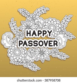 Happy Passover. Greeting card. Hand drawn white paper flowers on golden background. Vector illustration.