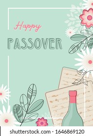 happy Passover greeting card or Seder invitation with spring flowers. Jewish holiday