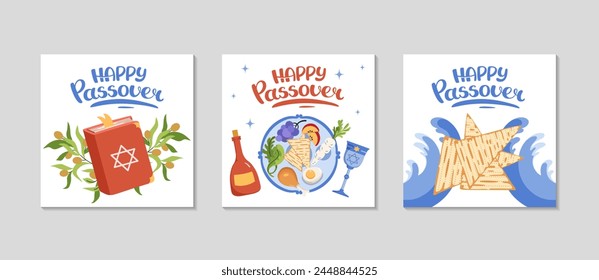 Tarjeta de felicitación de la Pascua feliz. Colección con plato de séder, comida, matzá, vino, torus. Juego de Plantilla cuadrada de Días festivos. Antecedentes de la publicación de saludo para las redes sociales. Ilustración plana de Vector.