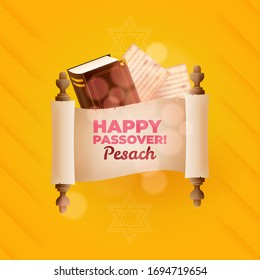 Happy Passover greeting card with torah and matzoh,