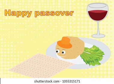 Happy Passover greeting card with wine and gefilte