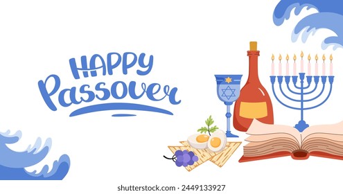 Happy Passover greeting web banner. Jewish celebration background. Seder plate, matzah, egg, salad. Hand drawn lettering. Horizontal Backdrop postcard, poster. Vector flat illustration.