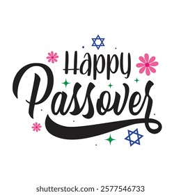 Happy Passover handwritten lettering. Jewish holiday poster, banner, greeting card Vector illustration. Hand written lettering with text "Happy Passover" in Hebrew and English. Design elements