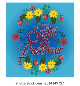 Happy Passover and Passover. Handwritten text with eggs, flowers and leaves. Typography for Easter decoration. flat vector modern illustration