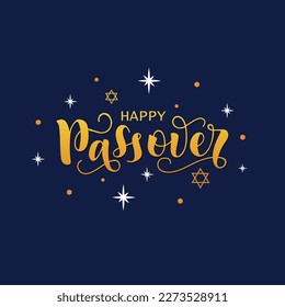 Happy Passover handwritten text. Golden letters, sparkling stars on dark blue background. Modern brush calligraphy. Hand lettering, vector illustration for Jewish holiday as greeting card or poster