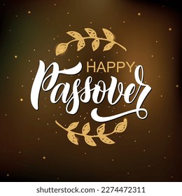 Happy Passover handwritten text. Golden letters, sparkling stars on dark background. Modern brush calligraphy. Hand lettering, vector illustration for Jewish holiday as greeting card or poster