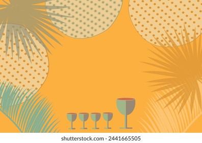 Happy Passover Hebrew text greeting card with decorative traditional icons Kiddush cup, four wine glass, matzo matzah - Jewish traditional bread for Passover Seder, Pesach plate, Haggadah book Vintage