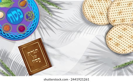 Happy Passover Hebräische Text Grußkarte mit dekorativen traditionellen Ikonen Kiddush Tasse, vier Weinglas, Matzo matzah - jüdisches traditionelles Brot für Passah Seder, Pessach Teller, Haggada Buch Vintage