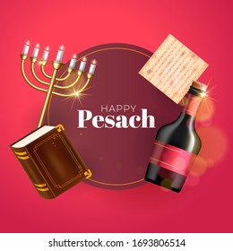 Happy Passover Holiday greeting card with wine glass, matzah, menorah and torah