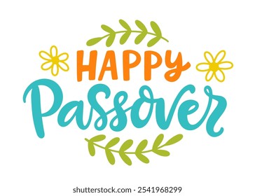 Happy Passover Holiday Lettering Greeting Card. Modern Calligraphy Isolated on White. Hand Drawn Vector Typographic Banner Design, Vintage Retro Style.