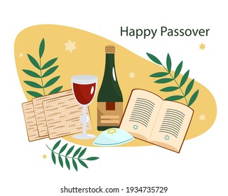 Happy Passover holiday. Postcard design. Torah, matzah, bottle glass of wine and palm branches. Vector illustration 