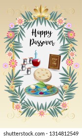 Happy Passover Holiday - translate Hebrew lettering, greeting card with decorative vintage floral frame, four wine glass, matzah - jewish traditional bread for Passover seder ceremony, pesach plate