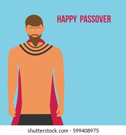 happy passover holiday vector flat design for Jews. one modern egyptian man or male vector illustration and text from the bible history and space to write