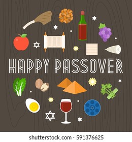 Happy passover illustration with icon and element such as seder plate, pyramid and torah