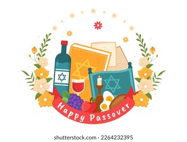 Happy Passover Illustration with Wine, Matzah and Pesach Jewish Holiday for Web Banner or Landing Page in Flat Cartoon Hand Drawn Templates