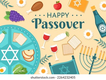 Happy Passover Illustration with Wine, Matzah and Pesach Jewish Holiday for Web Banner or Landing Page in Flat Cartoon Hand Drawn Templates